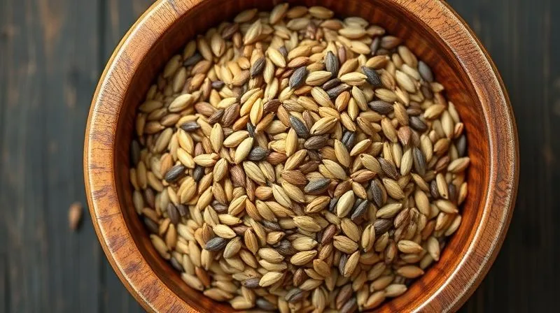 A vibrant photorealistic overhead shot of a rustic wooden bowl filled with a colorful mix of chia seeds, flax seeds, and hemp seeds, arranged artfully. Natural light, sharp focus, 8K, cinematic lighting.