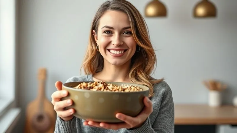 Photorealistic image of a woman smiling confidently, holding a vibrant bowl of muesli, with a subtle, blurred "before" image of her looking tired in the background. Natural light, professional portrait, 8K, cinematic lighting.