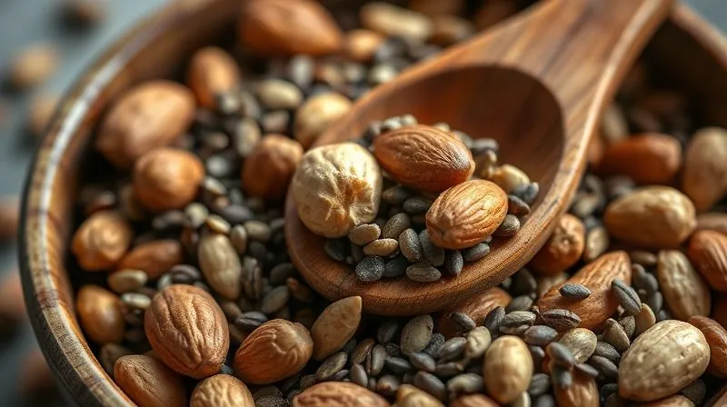 A close-up, photorealistic image of a small bowl of mixed nuts (almonds, walnuts) and seeds (chia, flax), with a wooden spoon gently scooping some out, illustrating healthy fat sources. Cinematic lighting, sharp focus on the textures, depth of field blurring the background, 8K, professional photography, shot on a high-end DSLR.