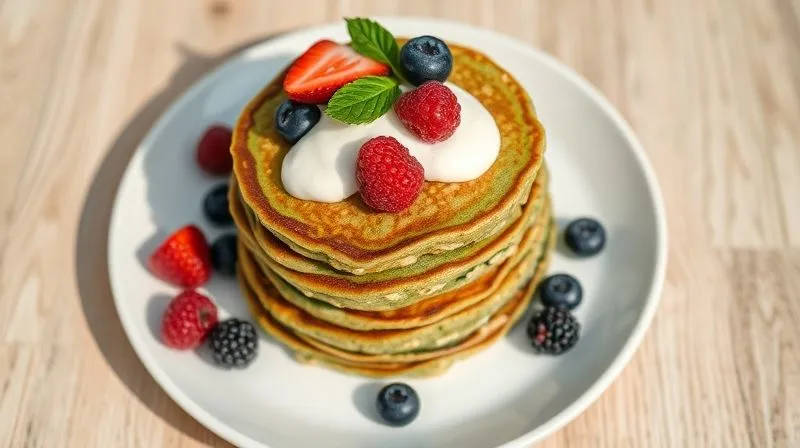 A top-down, photorealistic image of a beautifully plated stack of green-tinted oat pancakes (from blended spinach) with fresh mixed berries and a drizzle of creamy natural yogurt, on a modern white plate. The background is softly blurred. Bright, natural morning light, sharp focus on the food, 8K, professional food photography, shot on a high-end DSLR.