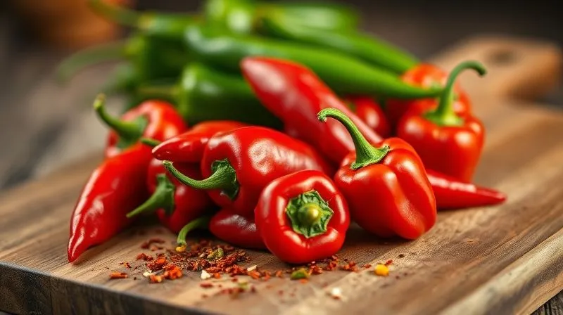 Photorealistic, professional photography, 8K, cinematic lighting, sharp focus, depth of field, shot on a high-end DSLR. A vibrant close-up of fresh red chili peppers and green jalapeños on a wooden cutting board, with a sprinkle of dried chili flakes around them, suggesting a fiery, metabolism-boosting ingredient. The background is softly blurred, focusing on the vivid colors and textures of the peppers.