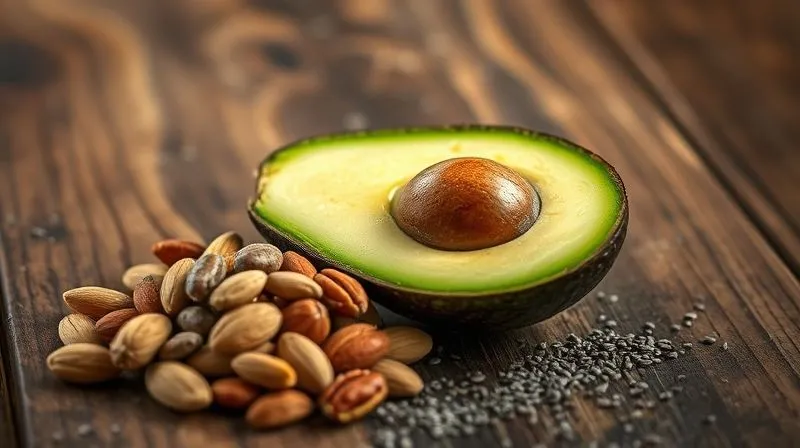 Photorealistic, professional photography, 8K, cinematic lighting, sharp focus, depth of field, shot on a high-end DSLR. A close-up of a perfectly ripe, sliced avocado alongside a small pile of mixed nuts (almonds, walnuts, pecans) and scattered chia seeds on a rustic wooden table. The textures and natural colors are highlighted with soft, warm light, conveying health and natural goodness.