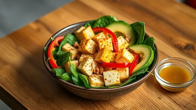 Photorealistic, professional photography, 8K, cinematic lighting, sharp focus, depth of field, shot on a high-end DSLR. A vibrant, artfully arranged salad bowl on a minimalist wooden table, showcasing a perfect balance of textures and colors. Golden-brown tofu cubes are nestled among fresh green spinach, sliced red bell peppers, creamy avocado, and sprinkled with crushed walnuts. A small, elegant glass bowl of homemade vinaigrette (with a hint of red pepper flakes) sits beside it. The lighting is soft and natural, emphasizing the freshness and healthy appeal of a balanced meal.