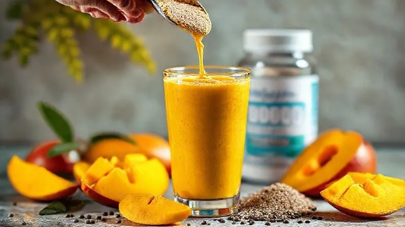 A photorealistic, professional photography of a vibrant mango smoothie in a glass, with a scoop of protein powder being added from above, creating a swirl. Around the glass, there are fresh mango slices, a container of protein powder, and a few chia seeds. The scene is lit with warm, cinematic lighting, sharp focus on the smoothie and protein, with a shallow depth of field. 8K hyper-detailed, shot on a high-end DSLR. Evokes energy and health.