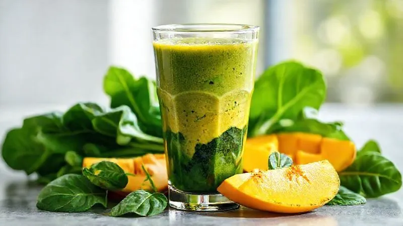 A photorealistic, professional photography of a vibrant green and yellow layered smoothie in a modern glass, with fresh spinach leaves and mango slices artfully arranged around it. The lighting is bright and natural, emphasizing freshness and health. Sharp focus on the smoothie, with a gentle depth of field. 8K hyper-detailed, shot on a high-end DSLR. Conveys a sense of refreshing energy and hidden goodness.