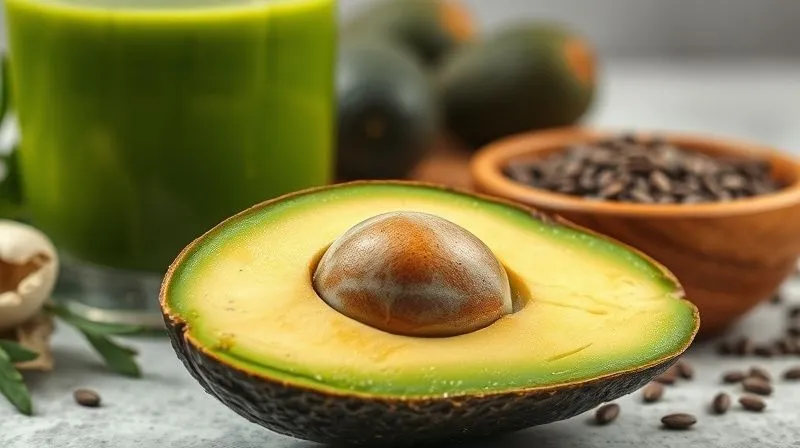 A photorealistic close-up of a perfectly ripe, sliced avocado next to a small wooden bowl filled with chia seeds and a glass of green smoothie in the background. The lighting is soft and natural, highlighting the creamy texture of the avocado and the tiny details of the seeds. Shot on a high-end DSLR, 8K, with a shallow depth of field. The scene evokes healthy eating and natural goodness.