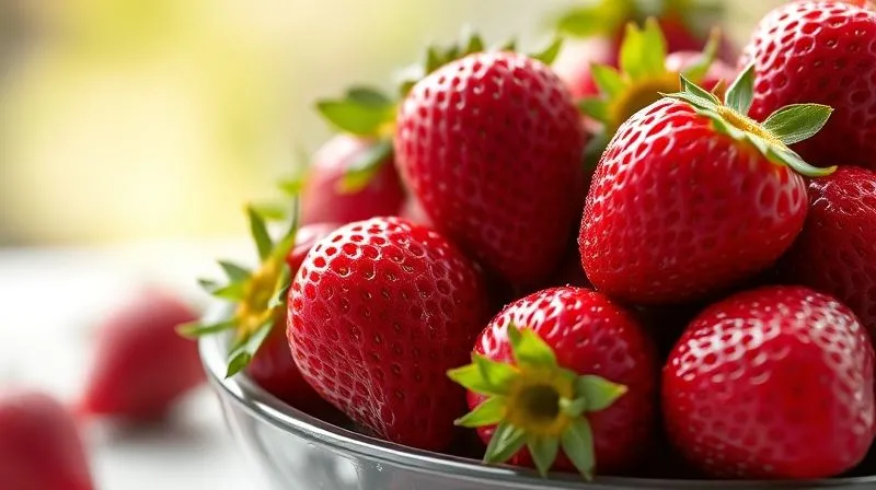 Photorealistic, professional photography, 8K, cinematic lighting, sharp focus, depth of field, shot on a high-end DSLR of a vibrant bowl of fresh, ripe strawberries, glistening with dew, against a bright, natural background, emphasizing their freshness and health benefits.