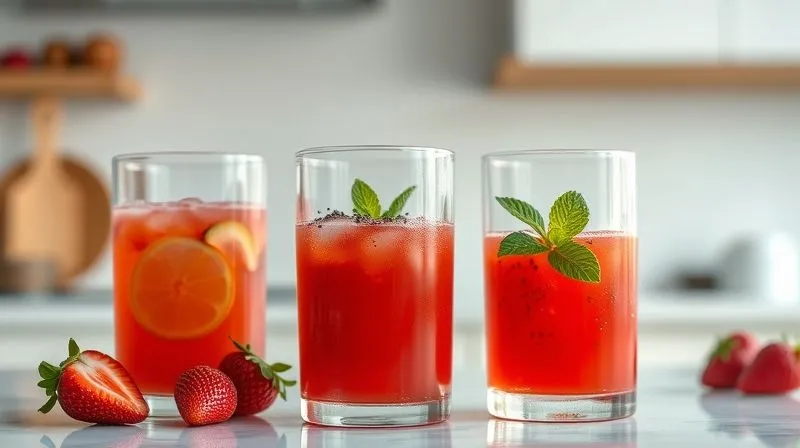 Photorealistic, professional photography, 8K, cinematic lighting, sharp focus, depth of field, shot on a high-end DSLR of three distinct, beautifully presented glasses of strawberry juice, each with different additions (ginger slice, chia seeds, mint leaf), on a clean, minimalist kitchen counter, conveying a sense of healthy preparation and variety.