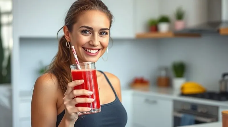 Photorealistic, professional photography, 8K, cinematic lighting, sharp focus, depth of field, shot on a high-end DSLR of a woman smiling confidently, holding a glass of strawberry juice, in a bright, modern kitchen. The image should subtly suggest health and vitality, without showing explicit 'before/after' comparison.