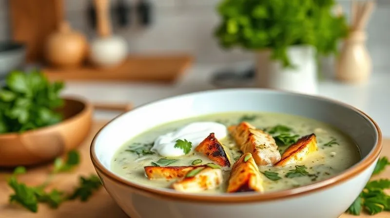 photorealistic, professional photography, 8K, cinematic lighting, sharp focus, depth of field, shot on a high-end DSLR, a vibrant, healthy bowl of creamy parsley root soup with various protein toppings like grilled chicken breast pieces, toasted pumpkin seeds, and a dollop of Greek yogurt, against a minimalist kitchen background.