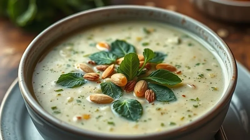 photorealistic, professional photography, 8K, cinematic lighting, sharp focus, depth of field, shot on a high-end DSLR, a close-up of a steaming bowl of parsley root cream soup, richly garnished with fresh spinach leaves, roasted chickpeas, and a sprinkle of finely chopped almonds, showcasing healthy fiber-rich additions.