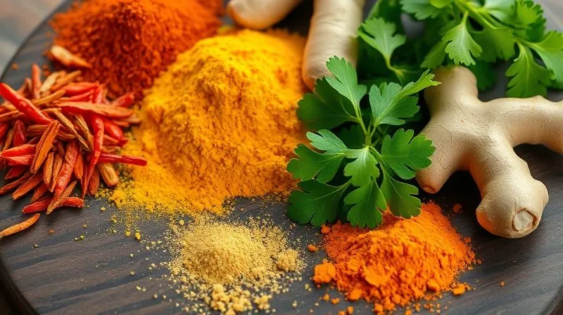 A vibrant, close-up photorealistic image of a variety of colorful spices and fresh herbs, including red chili flakes, turmeric powder, ginger root, and green cilantro, artfully arranged on a dark wooden board, with soft, warm light.