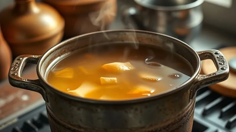 A photorealistic, professional photography, 8K, cinematic lighting, sharp focus, depth of field, shot on a high-end DSLR image of a rich, golden bone broth simmering gently in a rustic pot on a stovetop, with steam rising gracefully. The background is softly blurred, highlighting the warmth and natural goodness.