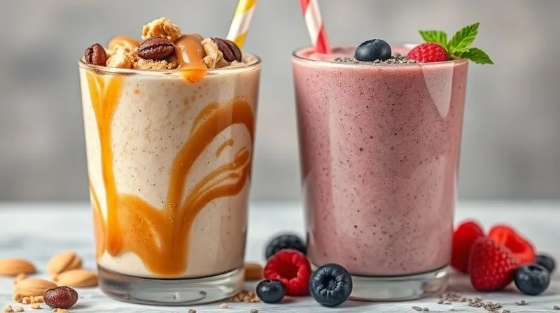 Photorealistic image of two smoothie glasses side-by-side. One is overflowing with various high-calorie additions like multiple scoops of peanut butter, a drizzle of syrup, and dried fruits, while the other is a balanced, leaner smoothie with a sprinkle of chia seeds and fresh berries. Cinematic lighting, sharp focus, depth of field, 8K hyper-detailed, professional photography, shot on a high-end DSLR, illustrating the contrast between calorie-dense and balanced smoothies.