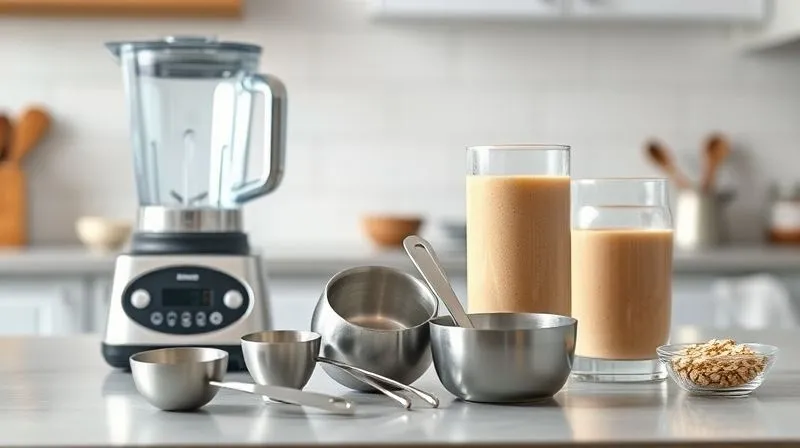 Photorealistic, professional photography of a kitchen counter with various measuring tools (cups, spoons, kitchen scale) neatly arranged next to a half-filled blender and a glass of oat smoothie. The lighting is bright and clean, emphasizing precision and control. Sharp focus on the measuring tools, depth of field blurring the background, 8K hyper-detailed, shot on a high-end DSLR.