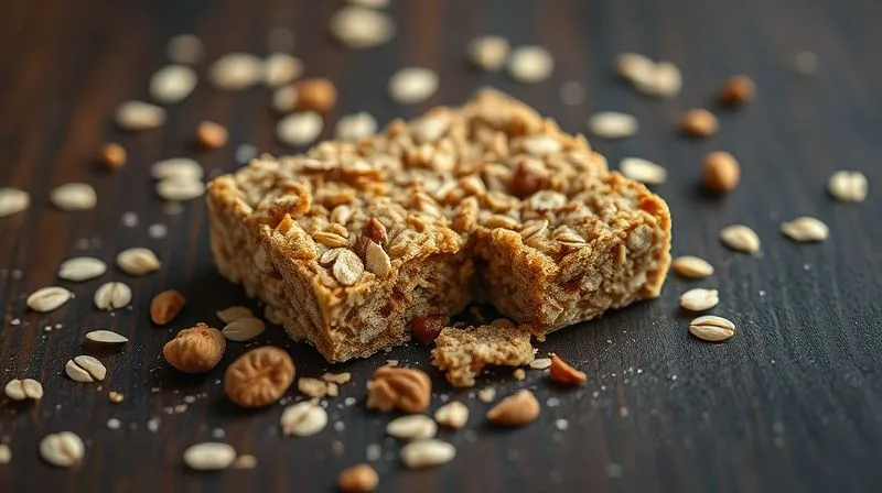 Photorealistic, professional photography, 8K, cinematic lighting, sharp focus, depth of field, shot on a high-end DSLR. A close-up of a crumbled homemade granola bar on a dark wooden surface, with loose oats and nuts scattered around, emphasizing the frustration of a failed attempt. Soft, melancholic natural light.