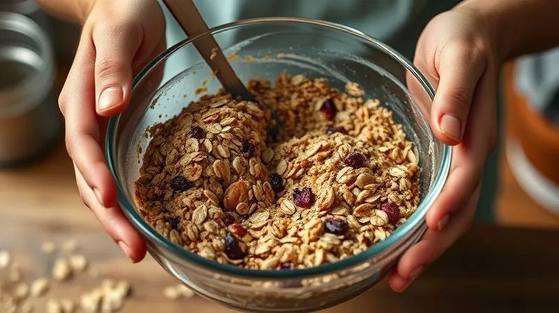 Photorealistic, professional photography, 8K, cinematic lighting, sharp focus, depth of field, shot on a high-end DSLR. A pair of hands mixing a bowl of granola bar ingredients, showing the sticky, cohesive texture of the mixture. Ingredients like oats, dried fruits, and nuts are visible, coated in a binding syrup. Warm, inviting kitchen lighting.