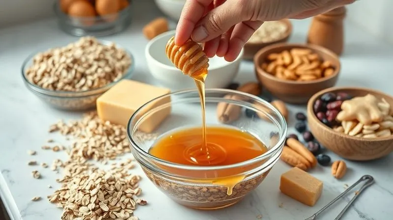 Photorealistic, professional photography, 8K, cinematic lighting, sharp focus, depth of field, shot on a high-end DSLR. A kitchen scene with various ingredients for granola bars (oats, nuts, dried fruits, honey, peanut butter) neatly arranged, suggesting organized and precise cooking. A hand is about to add a precise amount of honey to a bowl. Bright, clean kitchen environment.