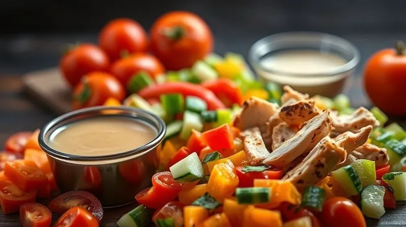 Photorealistic, professional photography, 8K, cinematic lighting, sharp focus on a vibrant assortment of perfectly diced and dry vegetables (e.g., bell peppers, cucumber, cherry tomatoes) next to a small bowl of grilled chicken strips, all prepared for a fit tortilla. A small, separate container for dressing is visible in the background. Shot on a high-end DSLR with shallow depth of field, evoking freshness and meticulous preparation.