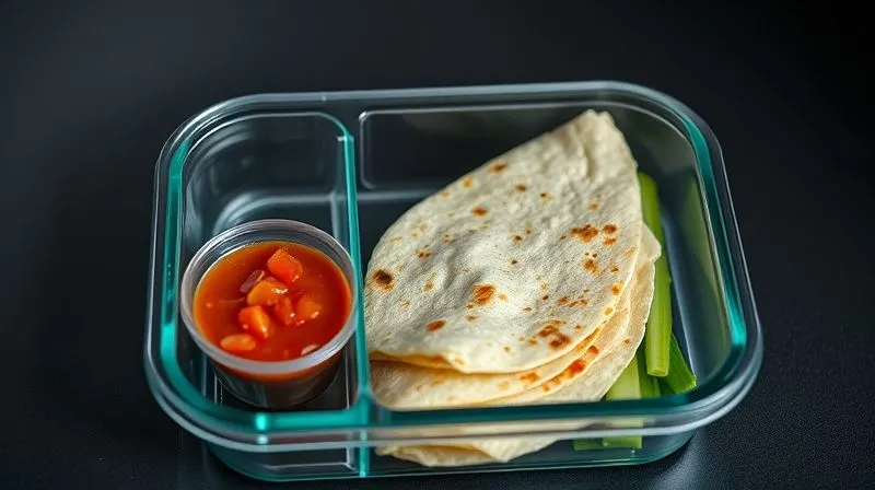 Photorealistic, professional photography, 8K, cinematic lighting, sharp focus on a modern, compartmentalized glass lunchbox, with a perfectly wrapped fit tortilla in one dry compartment, and a small, sealed container of salsa and fresh vegetable sticks in separate compartments. The overall impression is organized, healthy, and appealing. Shot on a high-end DSLR with shallow depth of field.