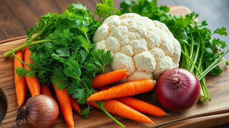 Photorealistic, professional photography of a vibrant assortment of fresh, raw vegetables, including a crisp white cauliflower head, bright green parsley, orange carrots, celery, and a red onion, artfully arranged on a rustic wooden cutting board, bathed in soft natural light. Sharp focus on the vegetables, with a shallow depth of field. 8K hyper-detailed, shot on a high-end DSLR.