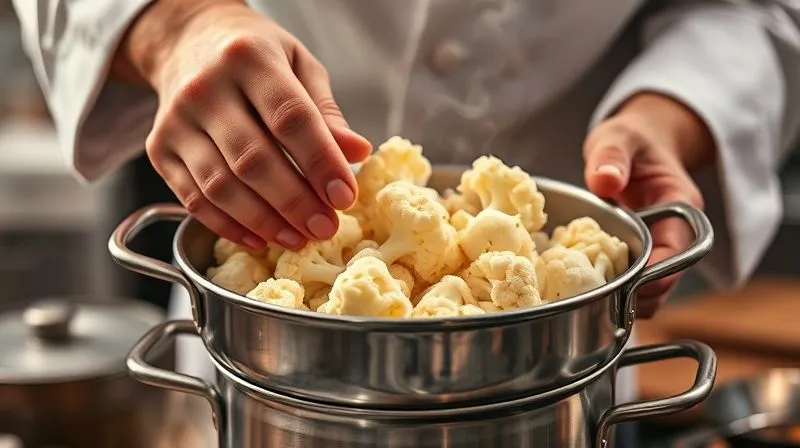 Photorealistic, professional photography of a chef's hands gently steaming cauliflower florets in a stainless steel steamer basket over a pot, with soft, diffused cinematic lighting highlighting the steam and the fresh texture of the cauliflower. Sharp focus on the steaming process, with a blurred rustic kitchen background. 8K hyper-detailed, shot on a high-end DSLR.