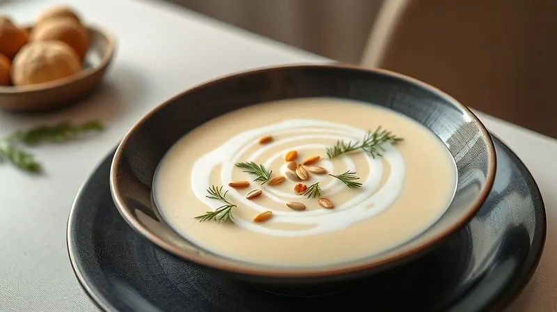 Photorealistic, professional photography of a beautifully plated bowl of creamy cauliflower soup, garnished with fresh green dill, toasted pumpkin seeds, and a swirl of light coconut milk, on a dark, elegant ceramic plate. The setting is a minimalist, brightly lit dining table, suggesting a healthy and gourmet meal. Sharp focus on the soup's surface, with a blurred background. 8K hyper-detailed, shot on a high-end DSLR.