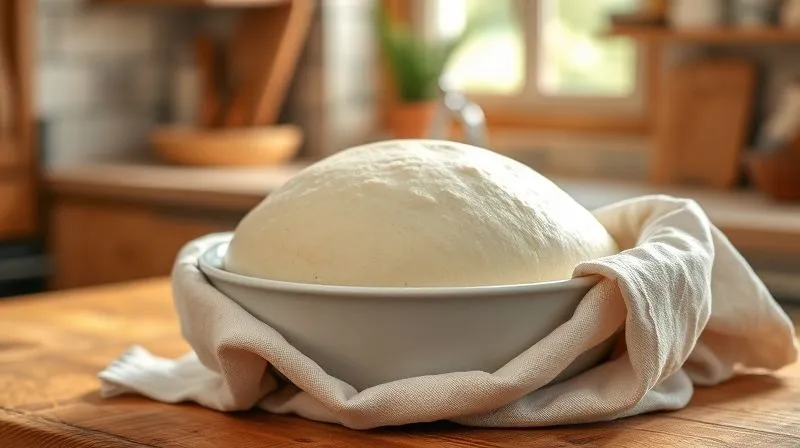 Photorealistic, professional photography of a bowl of gluten-free pizza dough, perfectly risen and covered with a clean linen cloth, resting on a warm, rustic wooden kitchen counter. Soft, natural light from a window illuminates the scene, creating a peaceful and inviting atmosphere. Sharp focus on the dough, depth of field blurring the background, 8K hyper-detailed, shot on a high-end DSLR.