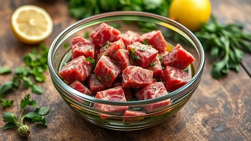 Photorealistic image of lean beef cubes marinating in a glass bowl with various fresh herbs, olive oil, and lemon slices. The scene is set on a rustic wooden table with ingredients scattered around, bathed in natural light, sharp focus on the marinating meat, depth of field blurring the background, professional photography, 8K, shot on a high-end DSLR.