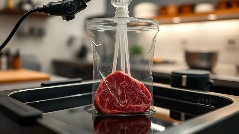 Photorealistic image of a sous vide setup with a lean beef steak in a vacuum-sealed bag submerged in a water bath, with a precision cooker attached. The background shows a modern, clean kitchen environment, cinematic lighting, sharp focus on the sous vide equipment, depth of field blurring the kitchen, professional photography, 8K, shot on a high-end DSLR.