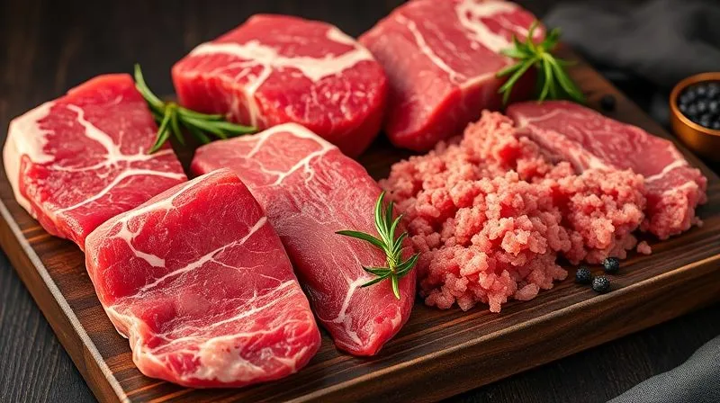 A professional studio shot of various lean cuts of raw beef, including a tenderloin steak, a piece of silverside (ligawa), and lean ground beef, artfully arranged on a dark, rustic wooden board. The meat is fresh and vibrant, with minimal marbling. Accompanying elements like rosemary sprigs and black peppercorns enhance the composition. Cinematic lighting, sharp focus on the beef, depth of field blurring the background, professional photography, 8K, shot on a high-end DSLR.