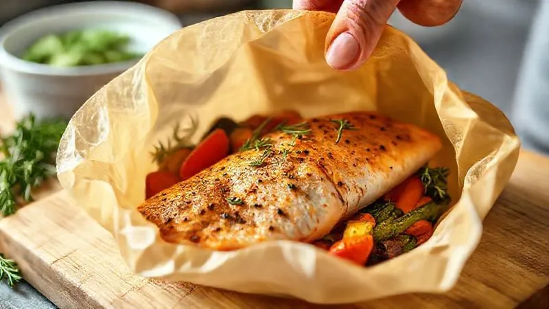Photorealistic image of a perfectly sealed parchment paper packet (papillote) being opened, revealing a steaming, flaky trout fillet with vibrant roasted vegetables and fresh herbs inside. Soft, warm kitchen lighting, sharp focus on the food, depth of field. Evokes freshness and healthy cooking.