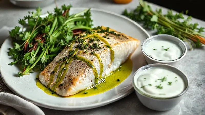 Photorealistic image of a beautifully plated trout fillet, drizzled with a vibrant green herb sauce, next to a small bowl of fresh lemon-dill yogurt sauce. The table is set with a clean, minimalist aesthetic, emphasizing healthy and delicious food. Cinematic lighting, sharp focus.