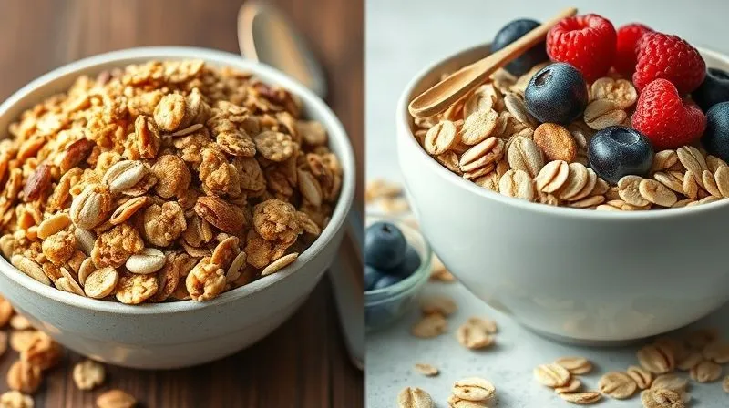 A photorealistic, professional photography, 8K, cinematic lighting, sharp focus, depth of field shot on a high-end DSLR of two bowls of granola side-by-side. One bowl is overflowing with sugary, processed granola with minimal whole ingredients, looking artificially bright. The other bowl is elegantly arranged with wholesome, natural ingredients: whole oats, various nuts, seeds, and fresh berries, looking vibrant and nutritious. The contrast should be stark, highlighting the difference between misleading healthy food and truly healthy food. No text or branding.