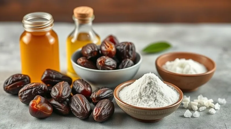 A photorealistic, professional photography, 8K, cinematic lighting, sharp focus, depth of field shot on a high-end DSLR of a variety of natural and low-calorie sweeteners. On one side, a small jar of raw honey, a bottle of maple syrup, and a bowl of pitted dates. On the other side, a small dish of stevia powder and another of erythritol crystals. The arrangement should be clean and visually appealing, with soft, natural light, emphasizing choice and moderation. No text or branding.