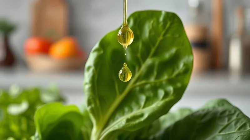 Photorealistic image of a single raw spinach leaf with a droplet of olive oil falling off it, symbolizing the removal of fat, against a blurred background of a healthy kitchen, cinematic lighting, sharp focus, depth of field, 8K hyper-detailed, shot on a high-end DSLR.