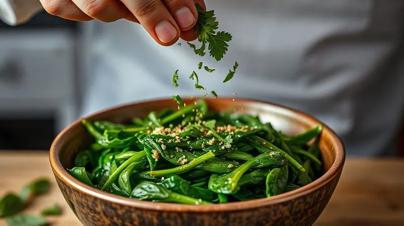Photorealistic image of a chef's hand sprinkling fresh herbs and a squeeze of lemon juice over a bowl of vibrant, low-fat stewed spinach, emphasizing freshness and flavor enhancement, cinematic lighting, sharp focus, depth of field, 8K hyper-detailed, shot on a high-end DSLR.