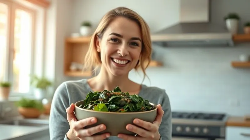 Photorealistic image of a smiling woman in a modern, bright kitchen, happily eating a bowl of vibrant, perfectly prepared stewed spinach, symbolizing success in healthy eating, cinematic lighting, sharp focus on her satisfied expression, depth of field blurring the kitchen background, 8K hyper-detailed, shot on a high-end DSLR.