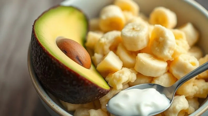 A close-up, photorealistic, professional photography, 8K, cinematic lighting, sharp focus, depth of field shot on a high-end DSLR of perfectly ripe, mashed bananas in a bowl, with a half-sliced avocado and a spoonful of Greek yogurt beside it, illustrating healthy moisture-adding ingredients.