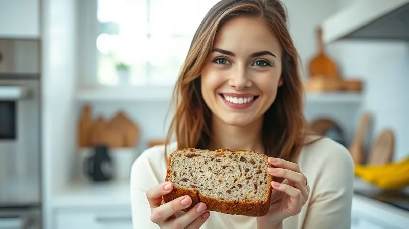A photorealistic, professional photography, 8K, cinematic lighting, sharp focus, depth of field shot on a high-end DSLR of a happy woman (Ania) holding a slice of perfectly baked, moist banana bread, smiling contentedly in a bright, modern kitchen, with healthy ingredients visible in the background.
