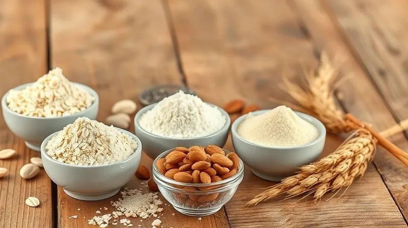 Photorealistic, professional photography, 8K, cinematic lighting, sharp focus, depth of field, shot on a high-end DSLR. A beautifully arranged display of various healthy flour alternatives in small, elegant bowls: oat flour, coconut flour, almond flour, and whole wheat flour, each labeled clearly. The background is a rustic wooden table with soft, natural light, emphasizing natural ingredients and healthy choices.