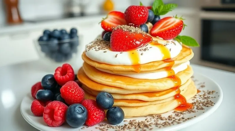 Photorealistic, professional photography, 8K, cinematic lighting, sharp focus, depth of field, shot on a high-end DSLR. A vibrant, artfully arranged display of healthy and delicious fit pancake toppings: fresh berries (raspberries, blueberries), a bowl of creamy Greek yogurt, a sprinkle of chia seeds, thinly sliced almonds, and a drizzle of sugar-free fruit compote. The background is a clean, bright kitchen counter, emphasizing freshness and healthy indulgence.