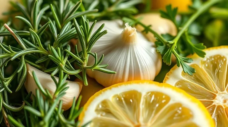 A close-up, photorealistic image of fresh herbs and spices (rosemary, thyme, garlic, lemon slices) being prepared for a light marinade, cinematic lighting, sharp focus, depth of field, 8K hyper-detailed.
