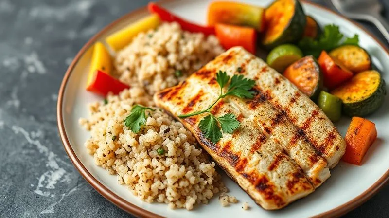 A beautifully composed, healthy dinner plate featuring colorful grilled vegetables, a lean grilled fish fillet, and a small portion of quinoa, presented with elegant simplicity, photorealistic, professional photography, 8K, cinematic lighting, sharp focus, depth of field, shot on a high-end DSLR.