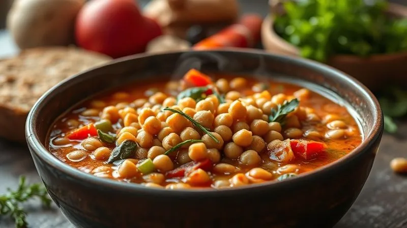 Photorealistic, professional photography of a vibrant bowl of vegetable stew, rich with chickpeas, lentils, and colorful vegetables. Steam gently rises from the bowl, creating an inviting, warm atmosphere. Cinematic lighting, sharp focus on the stew, with a shallow depth of field blurring healthy raw ingredients in the background. 8K hyper-detailed, emphasizing freshness and nutritional value.