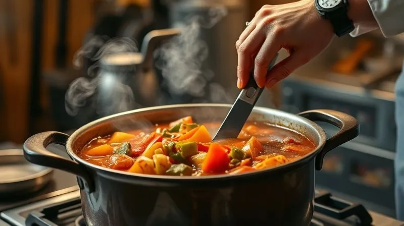Photorealistic, professional photography of a chef's hands gently stirring a rich, simmering vegetable stew in a large, rustic pot on a stovetop. The steam rises, illuminated by warm, cinematic lighting. Focus on the texture and colors of the vegetables, with a shallow depth of field blurring the kitchen background. 8K hyper-detailed, highlighting the cooking process.