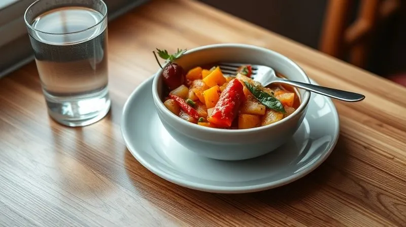 Photorealistic, professional photography of a neatly portioned, vibrant vegetable stew in a small, elegant ceramic bowl on a clean wooden table. A glass of water is beside it, and a fork rests on the edge of the bowl. Soft, natural lighting, sharp focus on the meal, with a shallow depth of field, conveying a sense of mindful eating and healthy portion control. 8K hyper-detailed.