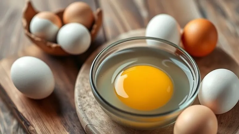 A professional, photorealistic image of fresh, organic eggs of varying sizes on a rustic wooden board, with one egg being gently placed into a bowl of water, cinematic lighting, sharp focus, depth of field, 8K, shot on a high-end DSLR.