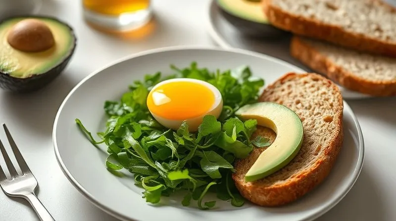 A beautifully plated, healthy breakfast featuring a perfectly soft-boiled egg with a runny yolk, served with fresh greens, whole-wheat bread, and avocado slices, on a bright, inviting table. Professional photography, 8K, cinematic lighting, sharp focus, depth of field, 8K, shot on a high-end DSLR, conveying health and culinary delight.