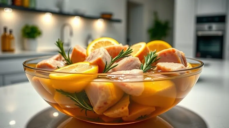 A bowl of vibrant, fresh turkey cutlets marinating in a mixture of olive oil, lemon juice, fresh herbs like rosemary and thyme, and garlic. The scene is set in a clean, modern kitchen, with cinematic lighting highlighting the textures of the ingredients. Photorealistic, professional photography, 8K, sharp focus, depth of field, shot on a high-end DSLR.